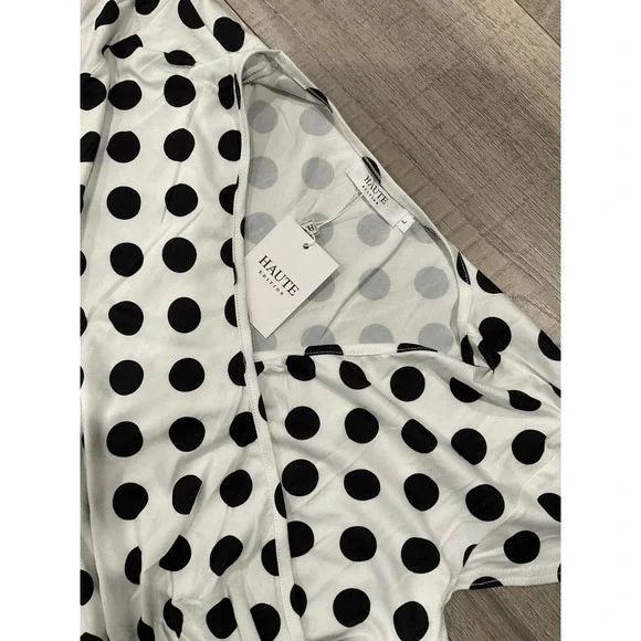 Haute Edition Polka Dot Wrap Dress Womens L White Black Short Sleeve Fit Flare - Picture 8 of 9